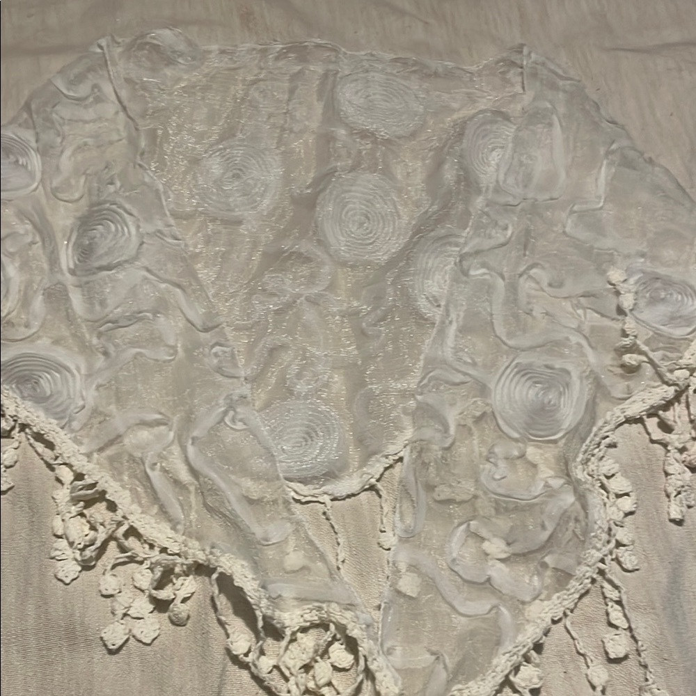 Elegant White Lace Shawl with Fringe